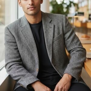 Vintage Hunter Haig Mens Tweed Sports Coat Wool Blazer Size 40 Medium Black Gray